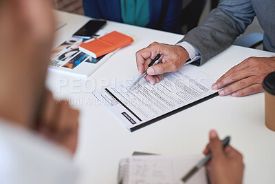 Buy stock photo Business people hands discussing contract deal for company partnership in office meeting