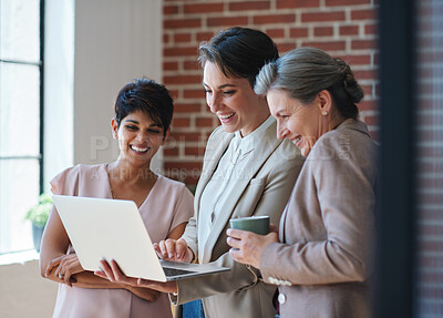 Buy stock photo Business people using laptop computer in office team leader woman working with female colleagues discussing information on notebook device
