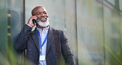Buy stock photo African american businessman using smartphone talking on mobile phone call having conversation in city