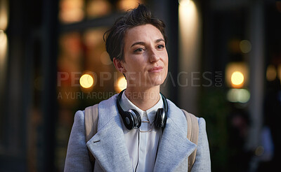 Buy stock photo Portrait young business woman in city wearing headphones