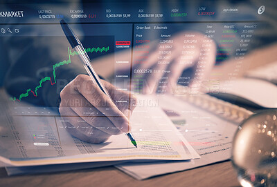 Hands, writing and trading analytics on stock market for financial profit, cryptocurrency or tracking investments at night on desk. Hand of trader, broker or investor planning in double exposure