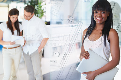Buy stock photo Business woman with laptop and portrait in waiting room for a meeting with her manager on her KPI, project management vision or workflow mission. Young corporate in digital marketing or tech company