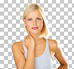 Face portrait of a serious, blonde woman with attitude on a png, transparent and mockup or isolated background. A cute girl from Norway with confident and empowerment mindset