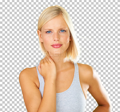 Face portrait of a serious, blonde woman with attitude on a png, transparent  and mockup or isolated background. A cute girl from Norway with confident  and empowerment mindset