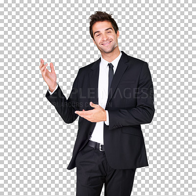 Buy stock photo Mockup, advertising space and marketing promotion for brand by a stylish man in a luxury suit on a png, transparent and isolated background. Copy and mock up for corporate business branding