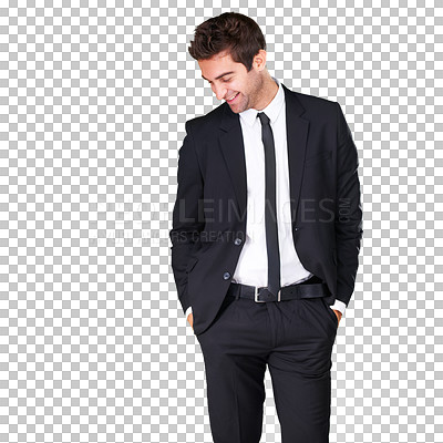 Buy stock photo Business man, happy and smile for success, fashion or career pride and professional style. Corporate and confident male model thinking, funny and laughing isolated on a transparent, png background