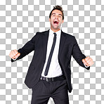 Stock market, bitcoin success and a winner in finance having a celebration after crypto profit on a png, transparent and isolated or mockup background. A happy, excited man and a crazy sale or deal