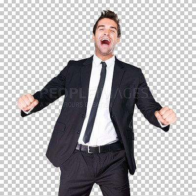 Buy stock photo Business man, excited portrait and celebrate success, winning or achievement in career. Professional male model happy, cheering and goal or profit celebration isolated on transparent, png background