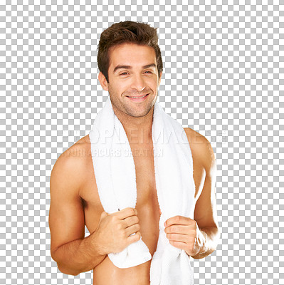 Buy stock photo Body, man and hygiene with towel for exercise in png or isolated and transparent background. Topless male, shower and happy with wellness or hygiene or workout with care mindset and care or cleaning.