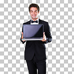 Laptop, mockup screen and website for social media marketing, advertising and luxury brand promotion with a stylish tuxedo man. Contact us on a computer, png and transparent or isolated background