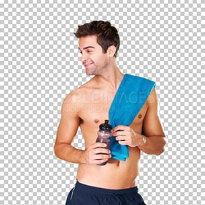 Buy stock photo Fitness, health and wellness for man with water after the gym for hydration after exercise. Sport, person or athlete with drink after a workout or cardio idea isolated on a transparent png background