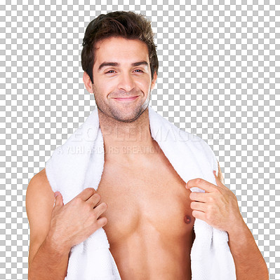 Buy stock photo Shower, grooming and portrait of a man with a towel for hygiene, wellness and cleaning. Happy, healthy and a young person or model after a wash isolated on a transparent png background for beauty
