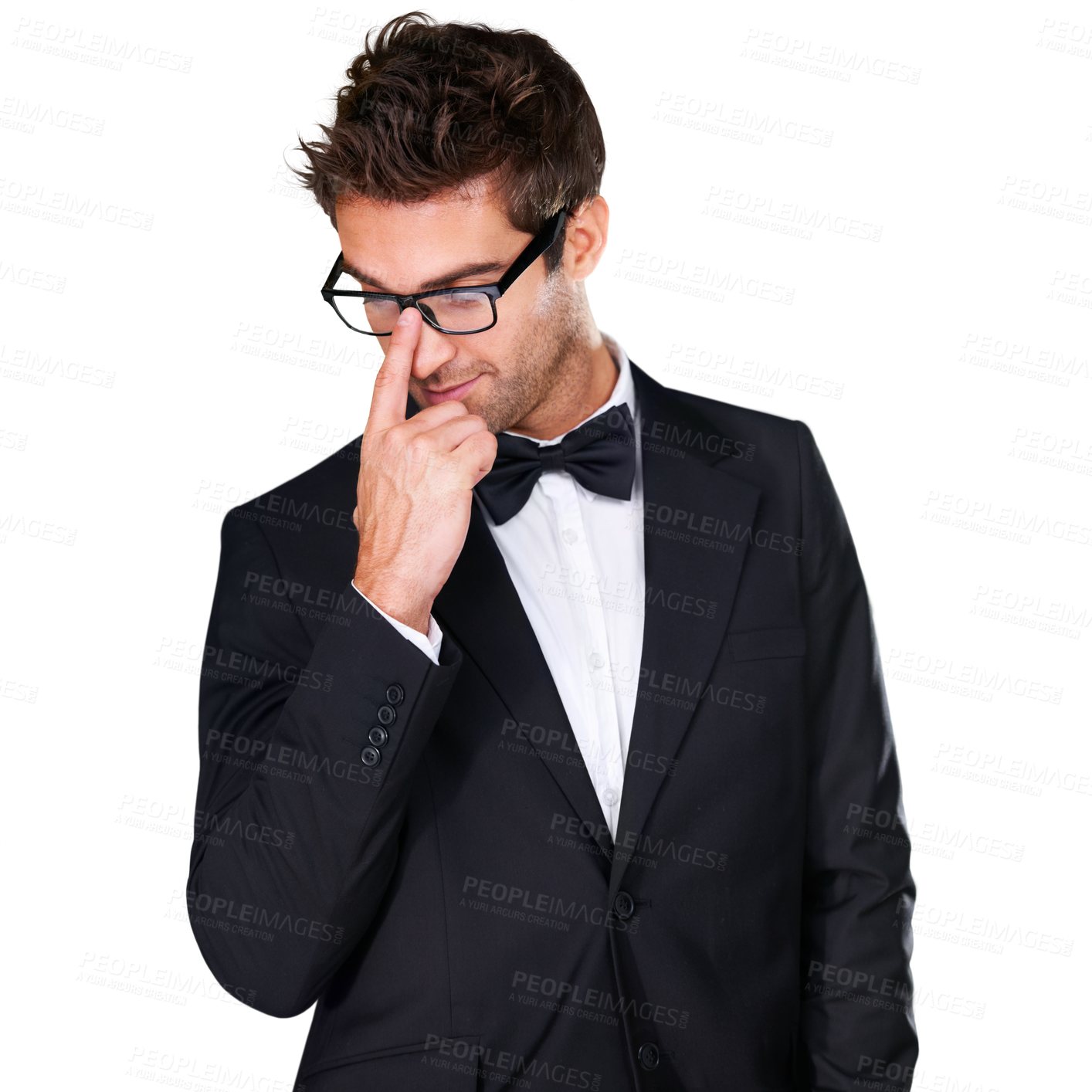Buy stock photo Man, fashion and elegant in tuxedo with glasses on face for classy, trendy and style. Caucasian, male model and isolated on a transparent png background for event, function or evening with people