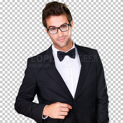 Buy stock photo Handsome, business man and glasses in tuxedo for portrait with smile in happiness. Caucasian, male model and confidence on isolated or a transparent png background for event, fashion or dinner


