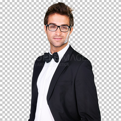Buy stock photo Man, entrepreneur and glasses in tuxedo with portrait for work, event or dinner with smile. Happy, male model or employee on isolated or a transparent png background in classy, trendy and style 

