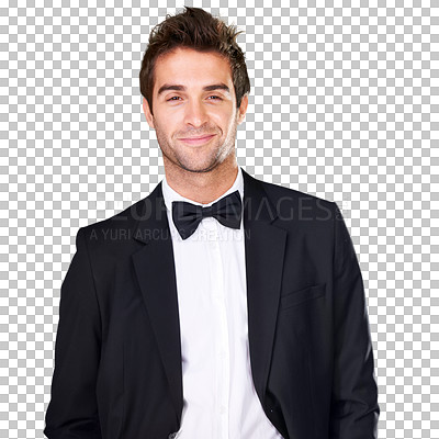Buy stock photo Portrait, businessman and bow in tuxedo for fashion in classy, elegant or retro style with smile. Male model, pose and isolated on a transparent png background with confidence for deal, offer or goal