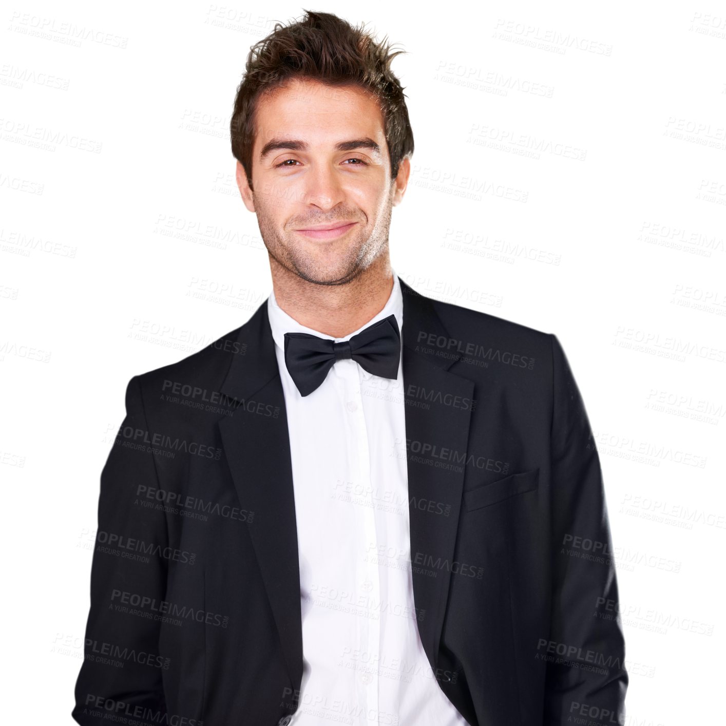 Buy stock photo Portrait, businessman and bow in tuxedo for fashion in classy, elegant or retro style with smile. Male model, pose and isolated on a transparent png background with confidence for deal, offer or goal