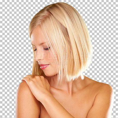 Buy stock photo Skincare, beauty and face of a woman with clean skin to touch on a png, transparent and isolated or mockup background. Portrait of a beautiful blonde girl with good hygiene, health and care