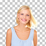 Face portrait of a happy, blonde woman with a smile and teeth on a png, transparent and mockup or isolated background. A cute girl with motivation from Germany with a positive and confident mindset