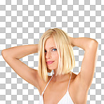 A bikini body, fitness and health of a woman in shape looking sexy for summer on a png, transparent and isolated or mockup background. Portrait of a beautiful blonde girl feeling fit and confident