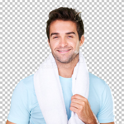 Buy stock photo Wellness, fitness and man with towel in portrait with motivation for sport, training or exercise. Caucasian, male model and happy on isolated or a transparent png background for health, gym and diet
