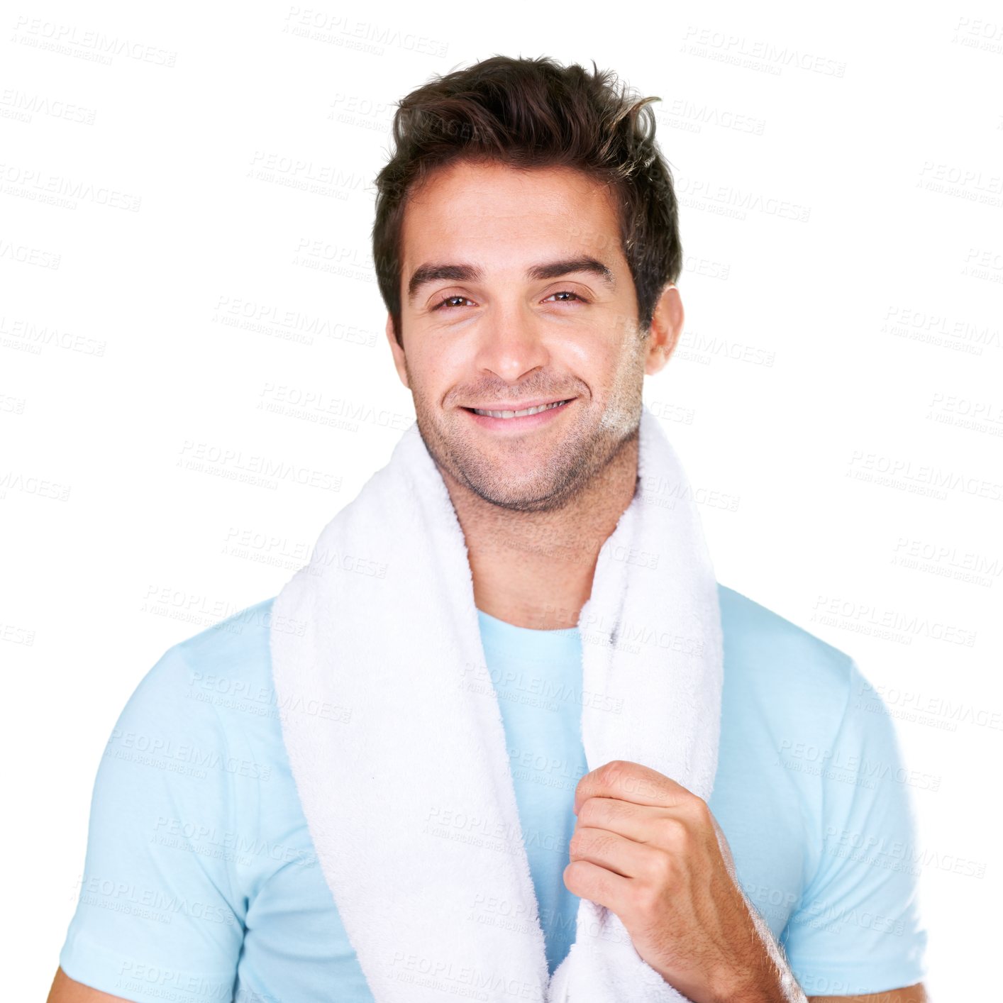 Buy stock photo Wellness, fitness and man with towel in portrait with motivation for sport, training or exercise. Caucasian, male model and happy on isolated or a transparent png background for health, gym and diet