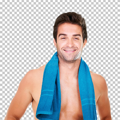 Buy stock photo Man, happy and shirtless after workout in towel for training, exercise or mindset for motivation. Caucasian, person and smile on isolated or a transparent png background after shower, gym or cardio