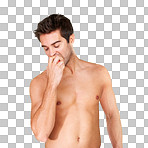 Health, wellness and eating an apple or diet food with a man with a fit body after a workout, training and exercise on a png, transparent and isolated or mockup background