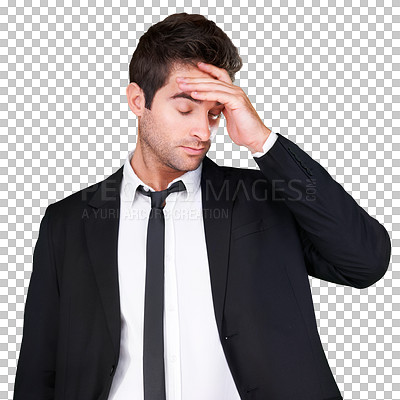 Buy stock photo Man, stress and headache from burnout with business in suit, stand and hand on head. Person, employee or worker on isolated or a transparent png background for mental health, crisis or error at work