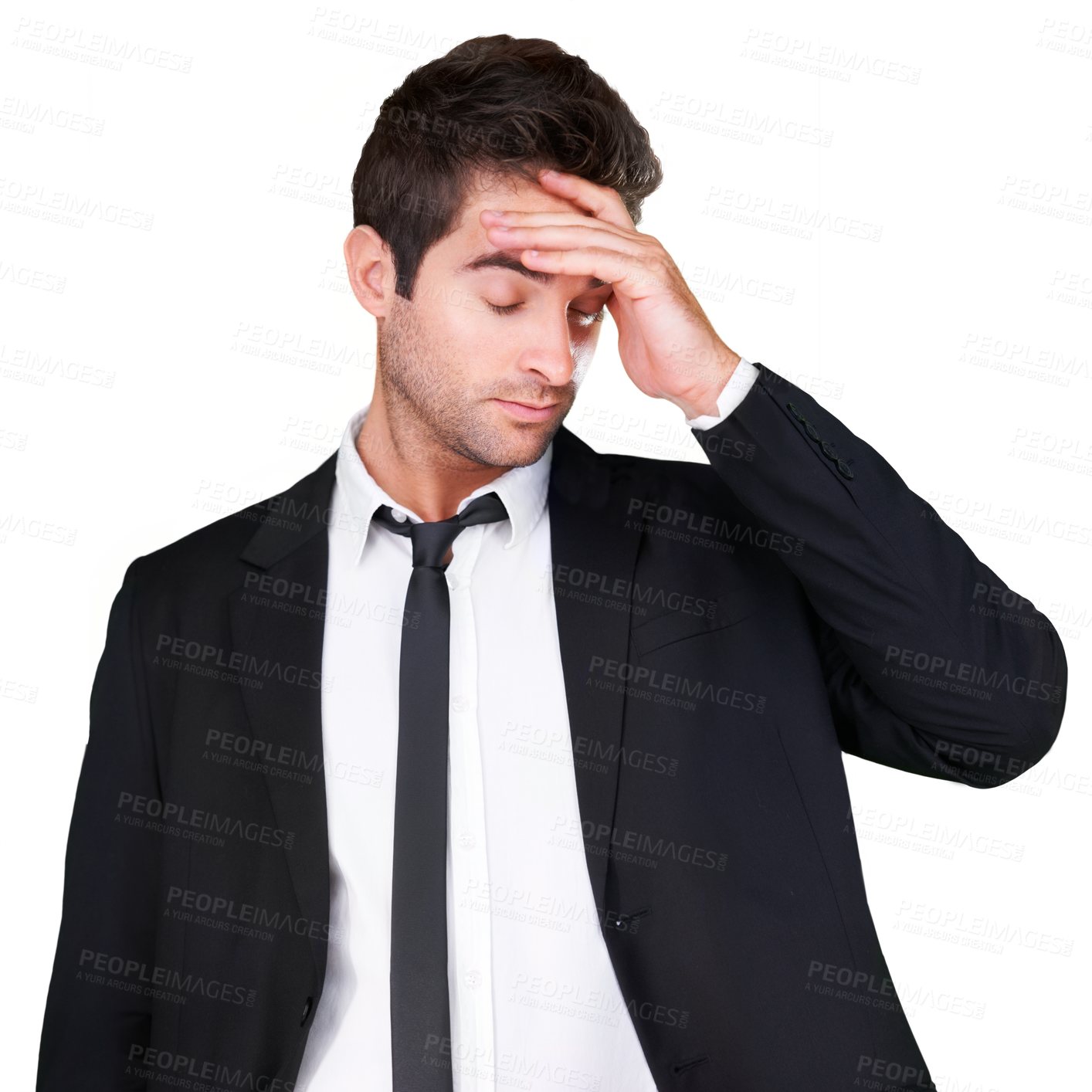 Buy stock photo Man, stress and headache from burnout with business in suit, stand and hand on head. Person, employee or worker on isolated or a transparent png background for mental health, crisis or error at work