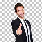 A handshake, success deal or thank you in trust after b2b collaboration business meeting on a png, transparent and isolated or mockup background. A CEO man, manager or welcome to partnership
