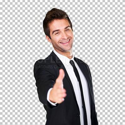 Buy stock photo Business man, hand and smile for handshake, deal or partnership isolated on a transparent, png background. Professional male with hands for recruitment, hr or hiring greeting and trust or agreement
