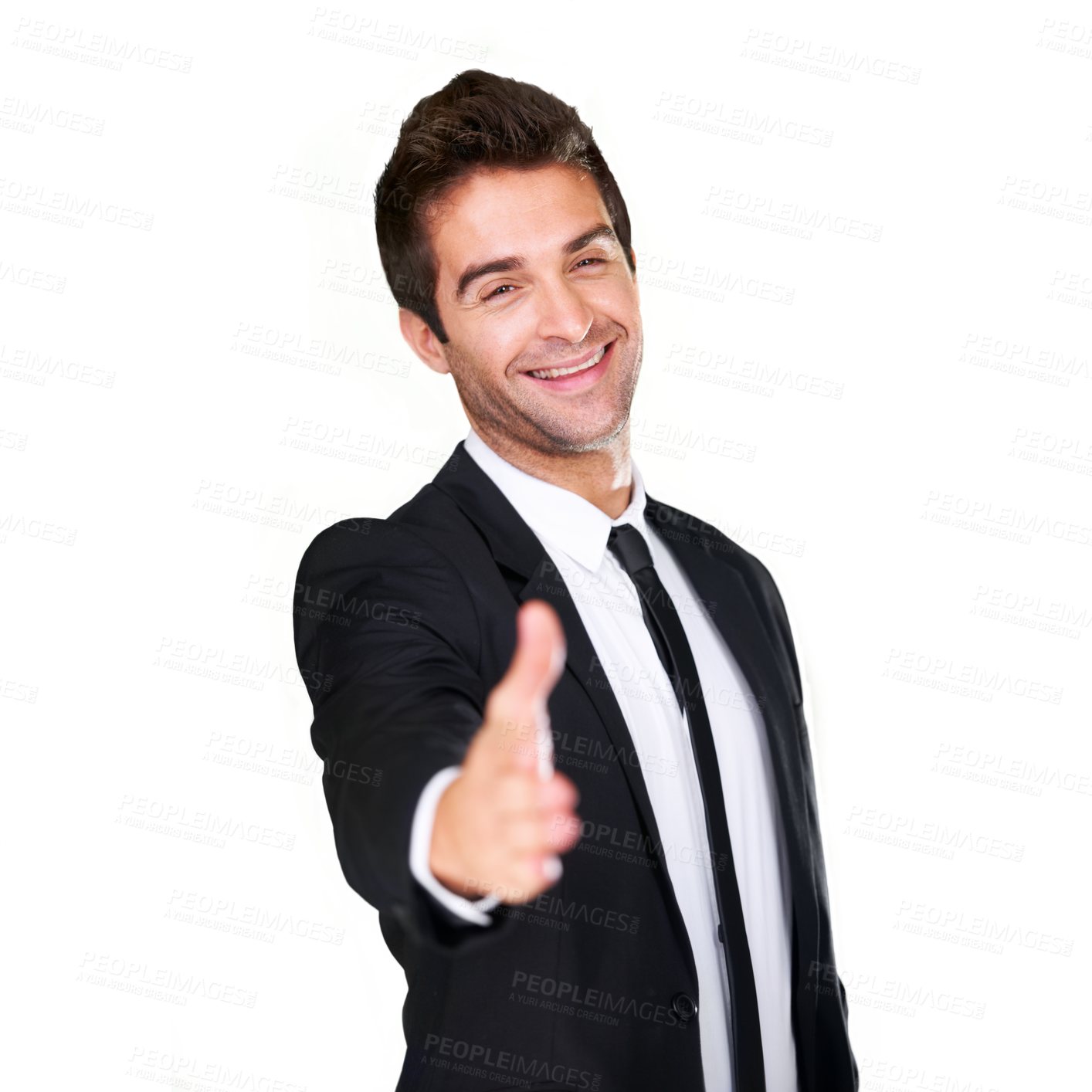 Buy stock photo Business man, hand and smile for handshake, deal or partnership isolated on a transparent, png background. Professional male with hands for recruitment, hr or hiring greeting and trust or agreement
