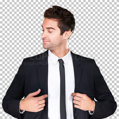 Buy stock photo Business man, suit and confident model on a transparent background for fashion and style. Professional male person isolated in studio for png design with confidence, luxury clothes and wealth