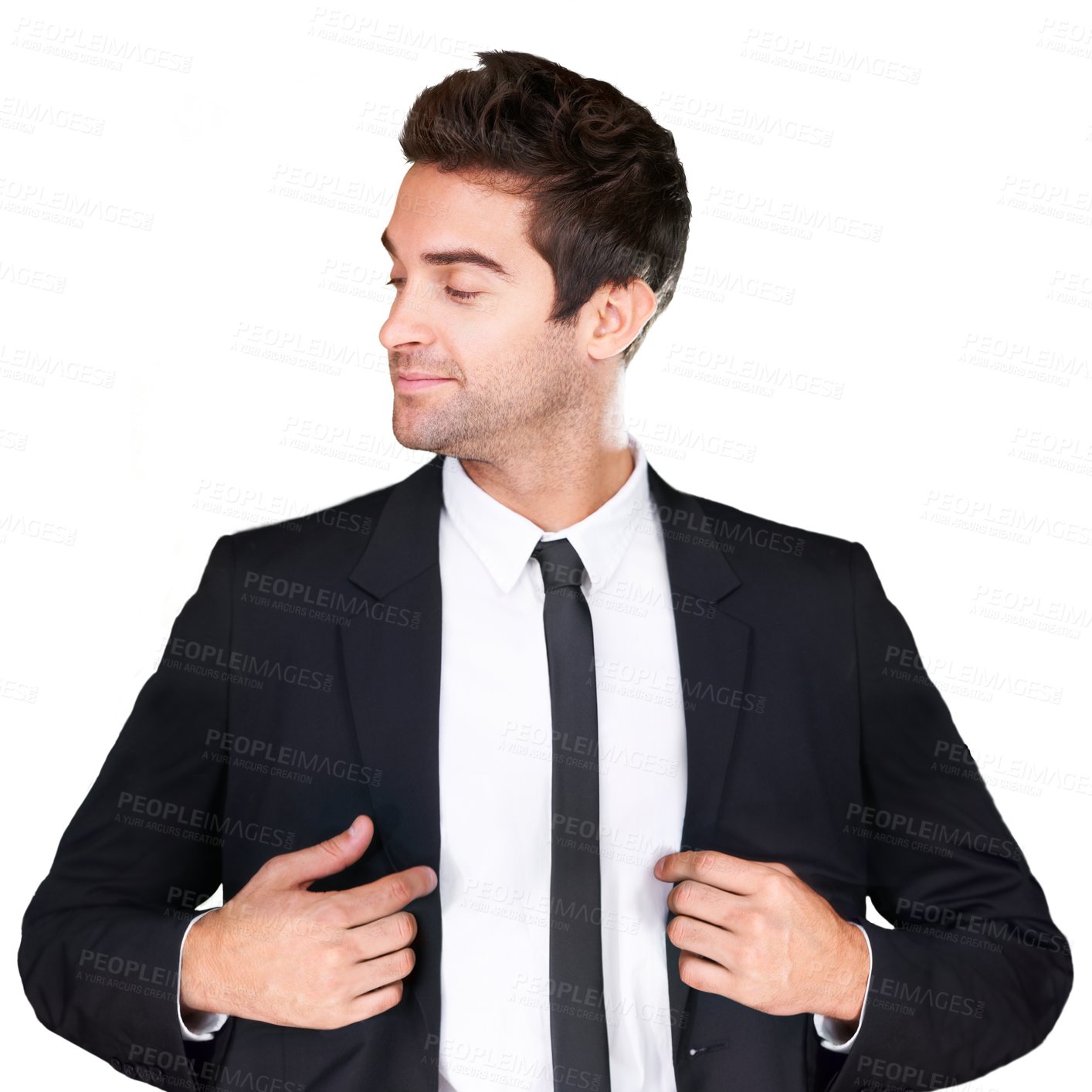 Buy stock photo Business man, suit and confident model on a transparent background for fashion and style. Professional male person isolated in studio for png design with confidence, luxury clothes and wealth