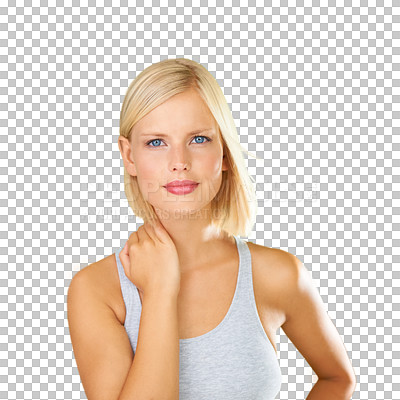 Buy stock photo Beauty, portrait and face of a woman on a transparent background with gray and white for cosmetics. Headshot of an aesthetic female isolated on png alpha channel for skincare and serious self care 