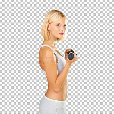 Buy stock photo Dumbbells, fitness and portrait of a woman on a transparent background for exercise. Aesthetic female model isolated on png for weights workout, wellness and healthy body or self care training