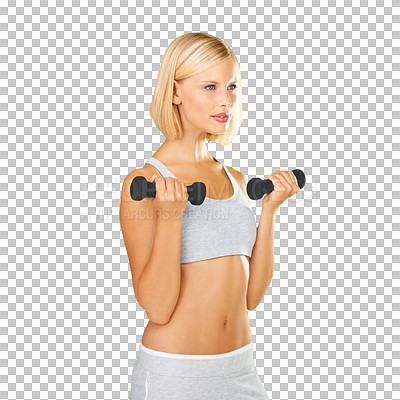 Buy stock photo Fitness, dumbbell and exercise with a woman for a training workout for strong muscle. Sports female, athlete or bodybuilder isolated on png, transparent background for weight loss and body wellness
