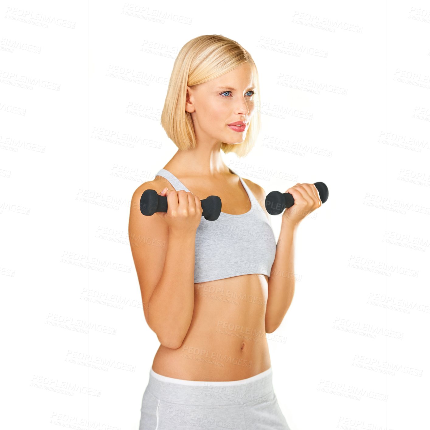 Buy stock photo Fitness, dumbbell and exercise with a woman for a training workout for strong muscle. Sports female, athlete or bodybuilder isolated on png, transparent background for weight loss and body wellness
