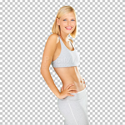 Buy stock photo Portrait, woman and fitness model for health in wellness, workout and body care for motivation for mindset. Caucasian, person and isolated on a transparent png background for training, weight or gym