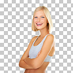 Fitness, exercise and a healthy body of a woman after her workout and training on a png, transparent and mockup or isolated background. A beautiful blonde girl feeling fit and confident in wellness