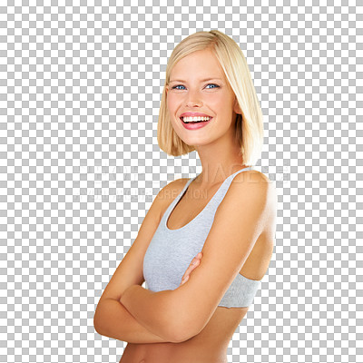 Buy stock photo Portrait, woman and fitness model with smile in happiness for workout, motivation or mindset. Female, person or trainer and isolated on a transparent png background for body care, wellness and health
