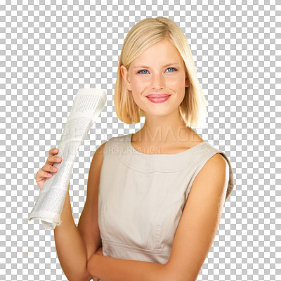 Buy stock photo Woman, newspaper and portrait or global report for article reading isolated on transparent png background. Female professional, confident and journalist for media letter, world press or story