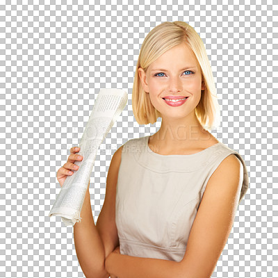 Buy stock photo Woman, newspaper and portrait smile article reading isolated on transparent png background. Female person, face and career search or world news information print, global media report or press writing