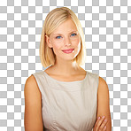 Face portrait of a woman in business from Germany with a confident mindset on a png, transparent and mockup or isolated background. A cute blonde girl with elegant fashion