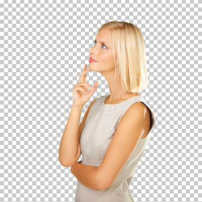 Buy stock photo Woman profile, hand on face and thinking of idea on transparent background to remember memory. Business person or model think of solution, decision or choice and question about plan isolated on png