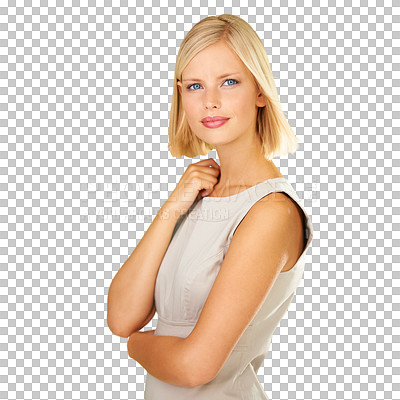 Buy stock photo Business, woman and portrait thinking for work career isolated on transparent png background. Female employee, planning decision and professional clothes for solution, problem solving or question
