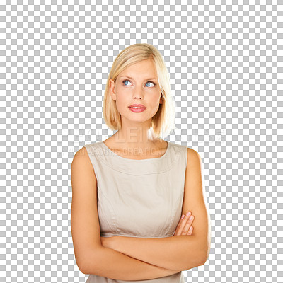 Buy stock photo Business woman, arms crossed and thinking of idea on transparent background to remember memory. Entrepreneur person think of a solution, decision or corporate choice and question isolated on png