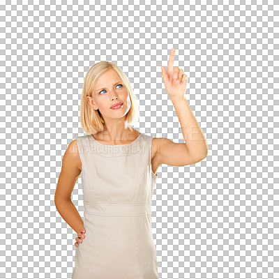 Buy stock photo Woman, finger or invisible screen internet technology or touch button isolated on transparent png background. Female person, hand or thinking for planning information, innovation or password security