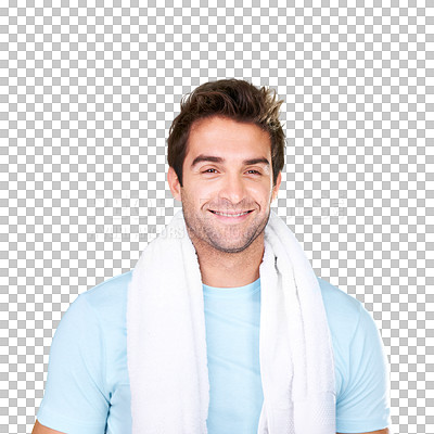 Buy stock photo Man, fitness or workout for health wellness or athlete body isolated on transparent png background. Male sports person, sweat towel or mockup training for cardio workout, smile or exercise sportswear